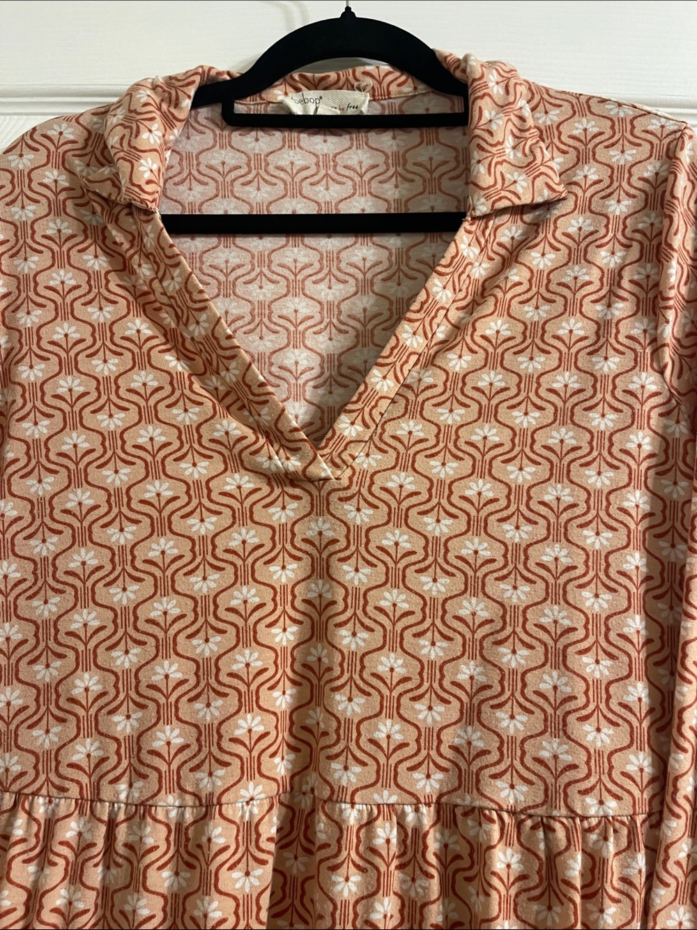 BeBop Peach and White Printed Long Sleeve Babydoll Dress - Picture 2 of 4